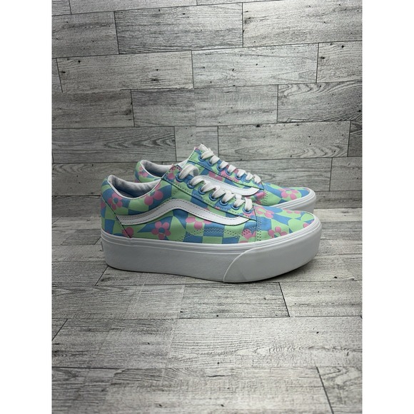 Vans‎ Old Skool Stacked Platform Shoes Womens 8 Men 6.5 Checkerboard Floral Blue - Picture 8 of 11